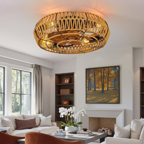 English Elm 19 Inch Boho Flush Mount Ceiling Fan Twine Cage Frame with Remote Six Speed Reversible W2312P542778