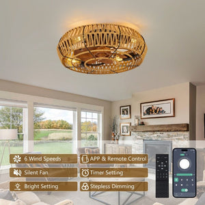 English Elm 19 Inch Boho Flush Mount Ceiling Fan Twine Cage Frame with Remote Six Speed Reversible W2312P542778