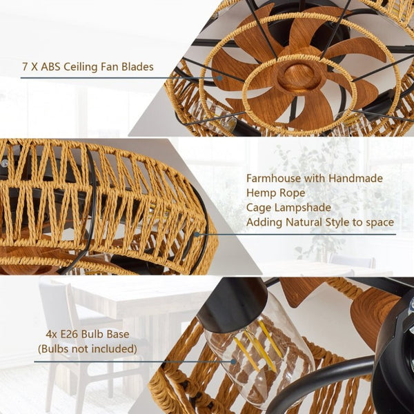 English Elm 19 Inch Boho Flush Mount Ceiling Fan Twine Cage Frame with Remote Six Speed Reversible W2312P542778