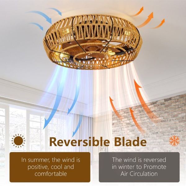 English Elm 19 Inch Boho Flush Mount Ceiling Fan Twine Cage Frame with Remote Six Speed Reversible W2312P542778