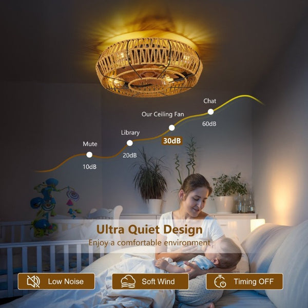 English Elm 19 Inch Boho Flush Mount Ceiling Fan Twine Cage Frame with Remote Six Speed Reversible W2312P542778