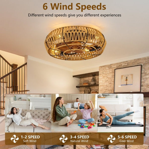 English Elm 19 Inch Boho Flush Mount Ceiling Fan Twine Cage Frame with Remote Six Speed Reversible W2312P542778