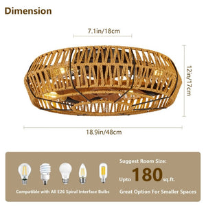 English Elm 19 Inch Boho Flush Mount Ceiling Fan Twine Cage Frame with Remote Six Speed Reversible W2312P542778