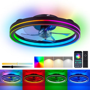 English Elm Rgb Bladeless Fandelier Flush Mount Ceiling Fan with App Remote for Modern Bedroom Black W2312P542783