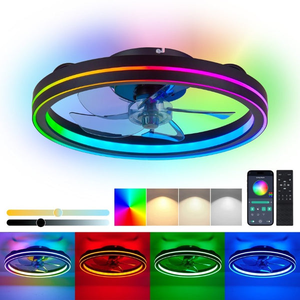 English Elm Rgb Bladeless Fandelier Flush Mount Ceiling Fan with App Remote for Modern Bedroom Black W2312P542783