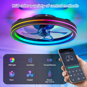 English Elm Rgb Bladeless Fandelier Flush Mount Ceiling Fan with App Remote for Modern Bedroom Black W2312P542783