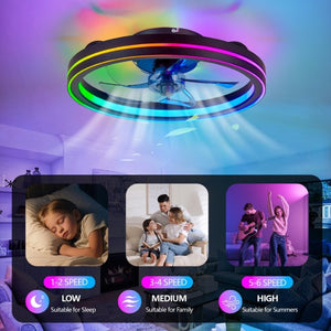 English Elm Rgb Bladeless Fandelier Flush Mount Ceiling Fan with App Remote for Modern Bedroom Black W2312P542783