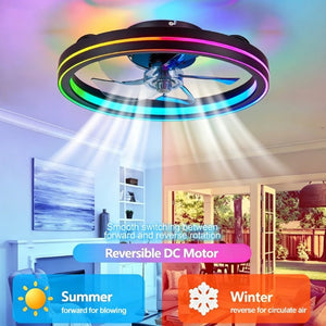 English Elm Rgb Bladeless Fandelier Flush Mount Ceiling Fan with App Remote for Modern Bedroom Black W2312P542783