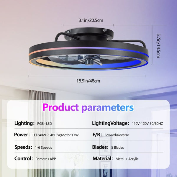 English Elm Rgb Bladeless Fandelier Flush Mount Ceiling Fan with App Remote for Modern Bedroom Black W2312P542783