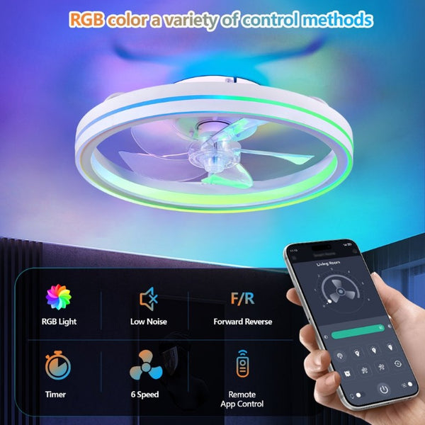 English Elm Rgb Bladeless Fandelier Flush Mount Ceiling Fan with App Remote for Modern Bedroom White W2312P542784
