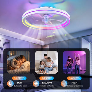 English Elm Rgb Bladeless Fandelier Flush Mount Ceiling Fan with App Remote for Modern Bedroom White W2312P542784