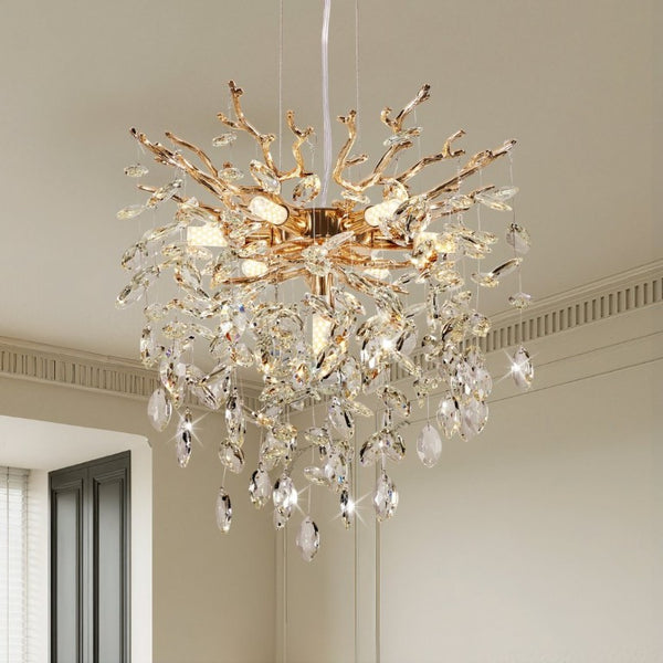 English Elm Modern Gold Tree Branch Crystal Seven Light Chandelier for Dining and Living Rooms W2312P542785