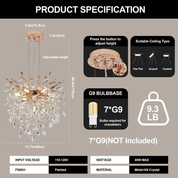 English Elm Modern Gold Tree Branch Crystal Seven Light Chandelier for Dining and Living Rooms W2312P542785
