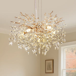 English Elm Modern Gold Tree Branch Chandelier with Hand Strung Crystals Six Light Dining Fixture W2312P542787