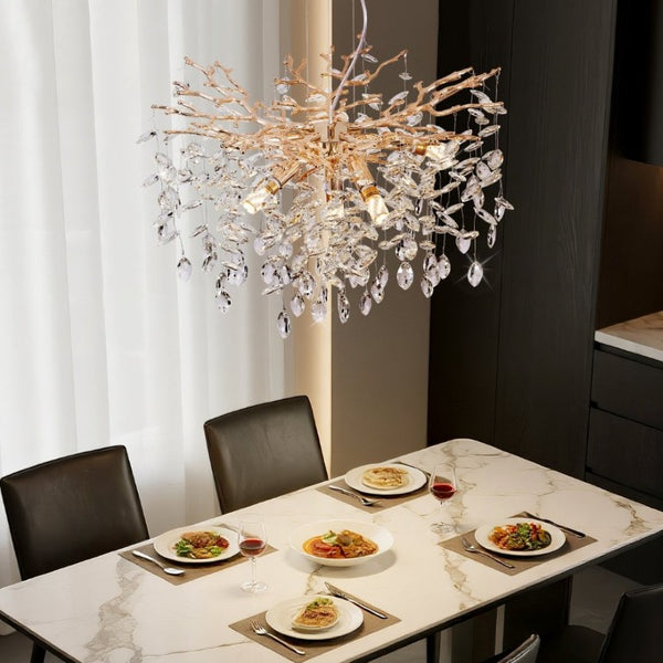 English Elm Modern Gold Tree Branch Chandelier with Hand Strung Crystals Six Light Dining Fixture W2312P542787