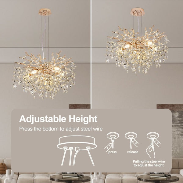 English Elm Modern Gold Tree Branch Chandelier with Hand Strung Crystals Six Light Dining Fixture W2312P542787