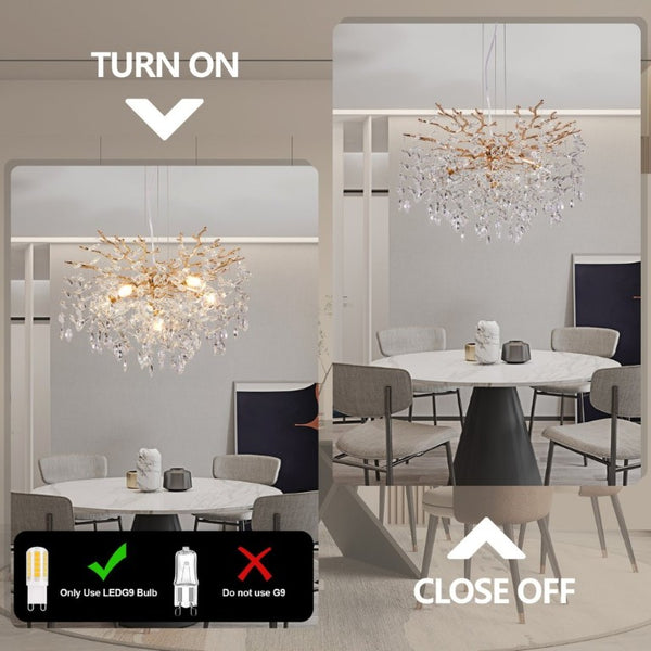 English Elm Modern Gold Tree Branch Chandelier with Hand Strung Crystals Six Light Dining Fixture W2312P542787