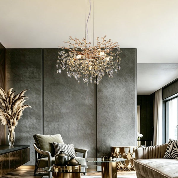 English Elm Modern Gold Tree Branch Chandelier with Hand Strung Crystals Six Light Dining Fixture W2312P542787