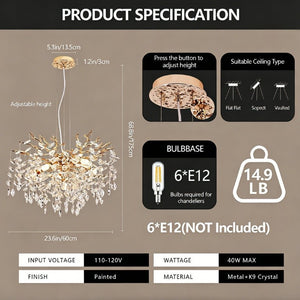 English Elm Modern Gold Tree Branch Chandelier with Hand Strung Crystals Six Light Dining Fixture W2312P542787