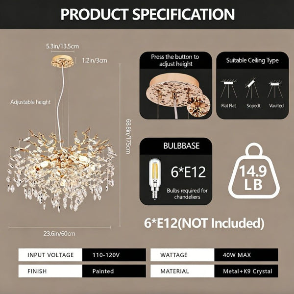 English Elm Modern Gold Tree Branch Chandelier with Hand Strung Crystals Six Light Dining Fixture W2312P542787