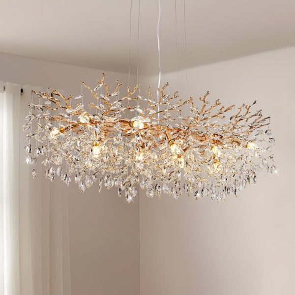 English Elm Modern Gold Branch Chandelier 14 Light Crystal Raindrop Fixture for Dining Room W2312P543107
