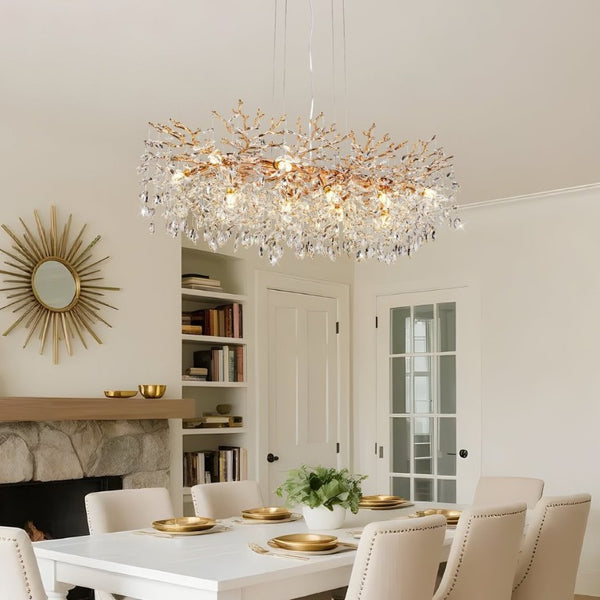 English Elm Modern Gold Branch Chandelier 14 Light Crystal Raindrop Fixture for Dining Room W2312P543107