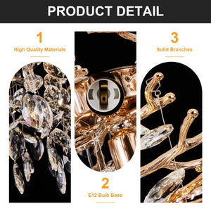 English Elm Modern Gold Branch Chandelier 14 Light Crystal Raindrop Fixture for Dining Room W2312P543107