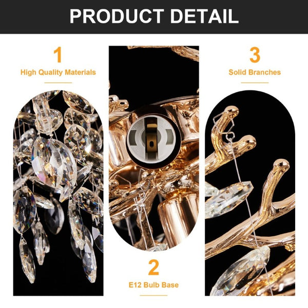 English Elm Modern Gold Branch Chandelier 14 Light Crystal Raindrop Fixture for Dining Room W2312P543107