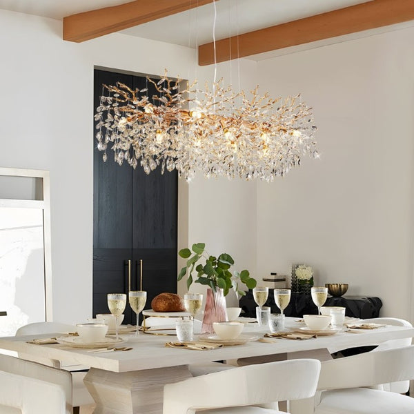 English Elm Modern Gold Branch Chandelier 14 Light Crystal Raindrop Fixture for Dining Room W2312P543107
