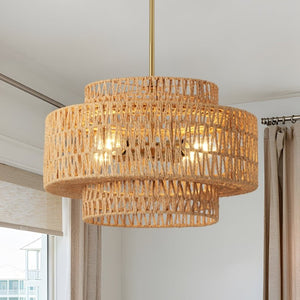 English Elm 17.7 Inch Hand Woven Rattan Drum Chandelier Bohemian Pendant for Dining and Kitchen W2312P543985