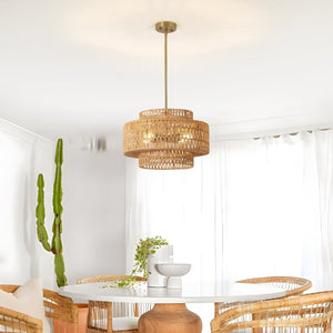 English Elm 17.7 Inch Hand Woven Rattan Drum Chandelier Bohemian Pendant for Dining and Kitchen W2312P543985