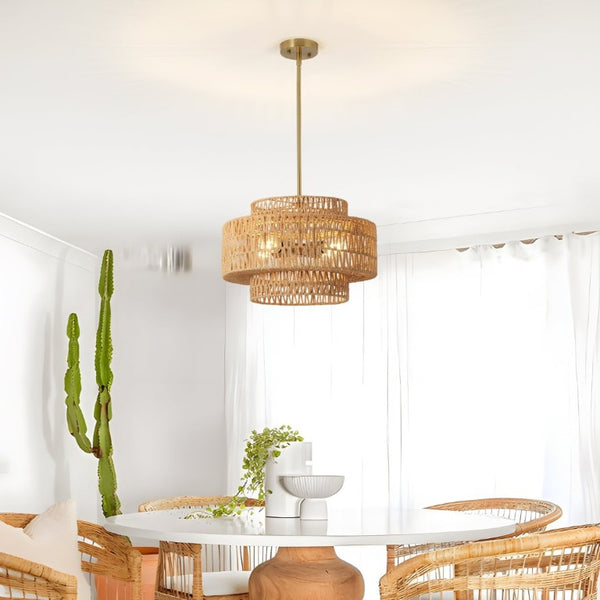 English Elm 17.7 Inch Hand Woven Rattan Drum Chandelier Bohemian Pendant for Dining and Kitchen W2312P543985
