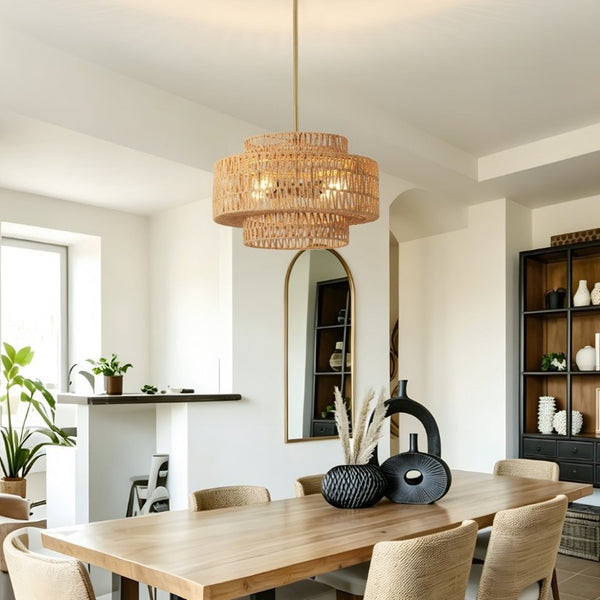 English Elm 17.7 Inch Hand Woven Rattan Drum Chandelier Bohemian Pendant for Dining and Kitchen W2312P543985