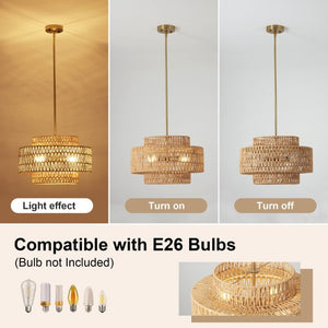 English Elm 17.7 Inch Hand Woven Rattan Drum Chandelier Bohemian Pendant for Dining and Kitchen W2312P543985