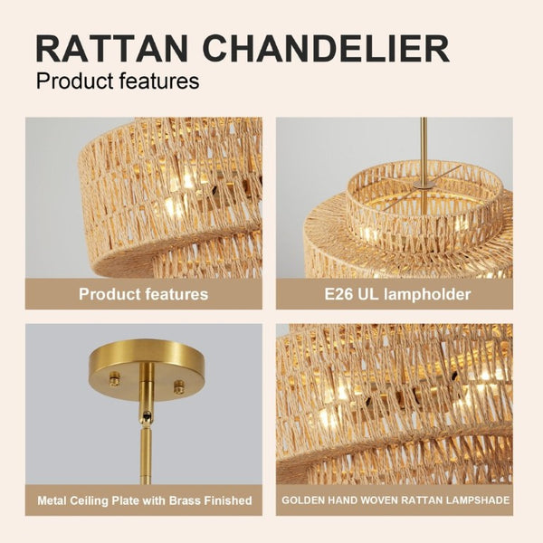 English Elm 17.7 Inch Hand Woven Rattan Drum Chandelier Bohemian Pendant for Dining and Kitchen W2312P543985