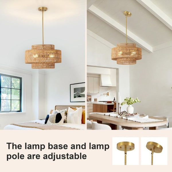 English Elm 17.7 Inch Hand Woven Rattan Drum Chandelier Bohemian Pendant for Dining and Kitchen W2312P543985