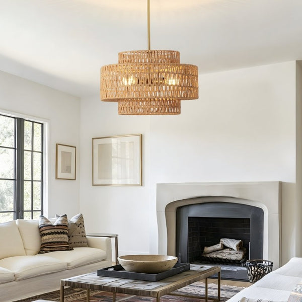 English Elm 17.7 Inch Hand Woven Rattan Drum Chandelier Bohemian Pendant for Dining and Kitchen W2312P543985