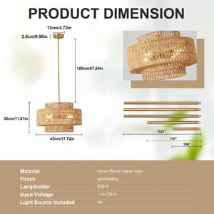 English Elm 17.7 Inch Hand Woven Rattan Drum Chandelier Bohemian Pendant for Dining and Kitchen W2312P543985