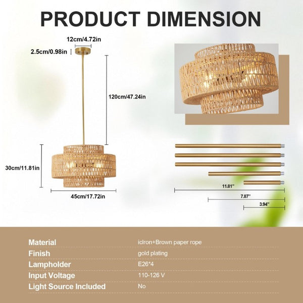 English Elm 17.7 Inch Hand Woven Rattan Drum Chandelier Bohemian Pendant for Dining and Kitchen W2312P543985