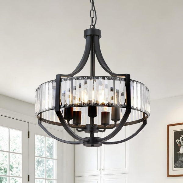 English Elm 20 Inch Matte Black Crystal Halo Chandelier 5 Light Farmhouse Fixture for Dining Foyer W2312P544310