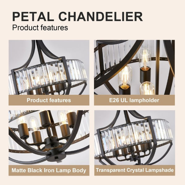 English Elm 20 Inch Matte Black Crystal Halo Chandelier 5 Light Farmhouse Fixture for Dining Foyer W2312P544310