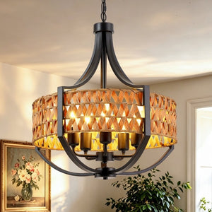 English Elm 19.7 Inch Five Light Boho Chandelier Hand Woven Reed Shade Matte Black Dining Room W2312P544317
