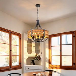 English Elm 19.7 Inch Five Light Boho Chandelier Hand Woven Reed Shade Matte Black Dining Room W2312P544317