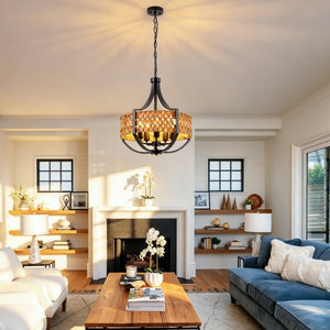 English Elm 19.7 Inch Five Light Boho Chandelier Hand Woven Reed Shade Matte Black Dining Room W2312P544317