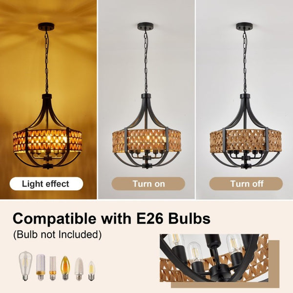 English Elm 19.7 Inch Five Light Boho Chandelier Hand Woven Reed Shade Matte Black Dining Room W2312P544317