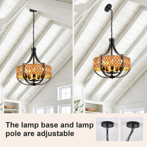 English Elm 19.7 Inch Five Light Boho Chandelier Hand Woven Reed Shade Matte Black Dining Room W2312P544317