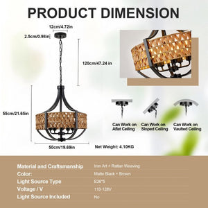 English Elm 19.7 Inch Five Light Boho Chandelier Hand Woven Reed Shade Matte Black Dining Room W2312P544317