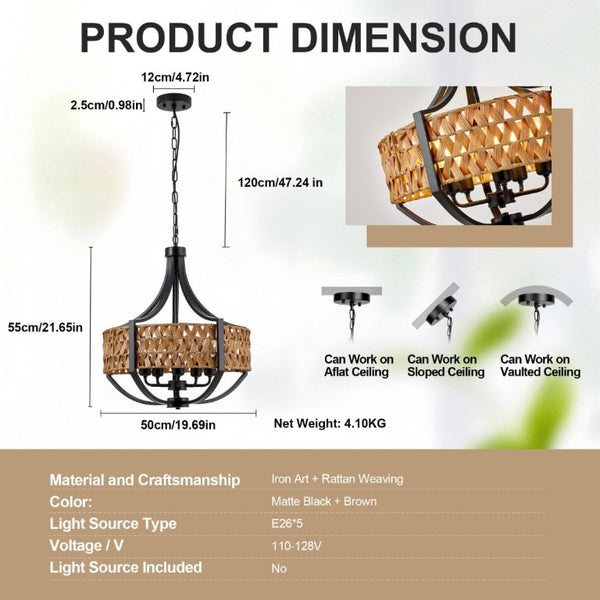 English Elm 19.7 Inch Five Light Boho Chandelier Hand Woven Reed Shade Matte Black Dining Room W2312P544317