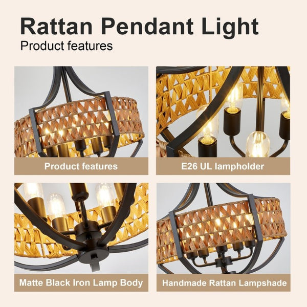 English Elm 19.7 Inch Five Light Boho Chandelier Hand Woven Reed Shade Matte Black Dining Room W2312P544317