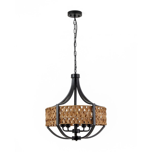 English Elm 19.7 Inch Five Light Boho Chandelier Hand Woven Reed Shade Matte Black Dining Room W2312P544317